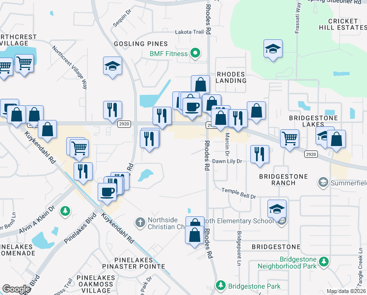 map of restaurants, bars, coffee shops, grocery stores, and more near 5047 Farm to Market 2920 in Spring