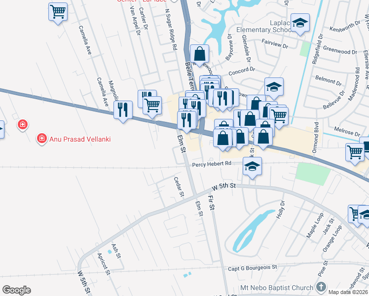 map of restaurants, bars, coffee shops, grocery stores, and more near 1 Elm Street in LaPlace
