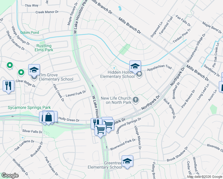 map of restaurants, bars, coffee shops, grocery stores, and more near 4514 Dogwood Ridge Lane in Houston