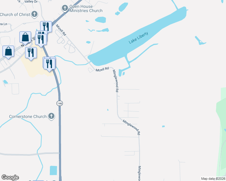 map of restaurants, bars, coffee shops, grocery stores, and more near 1301 Minglewood Road in Liberty