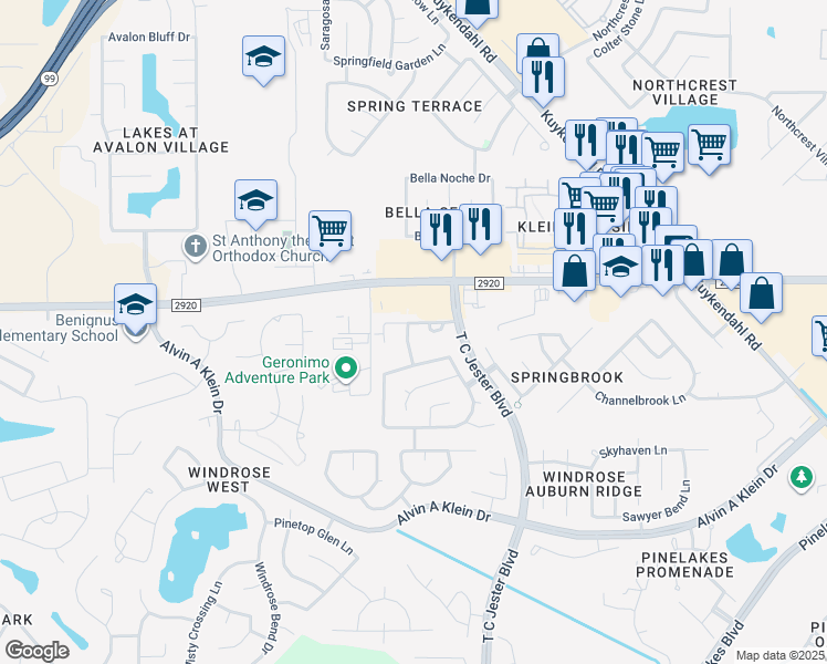 map of restaurants, bars, coffee shops, grocery stores, and more near 21422 Blooming Rock Lane in Spring
