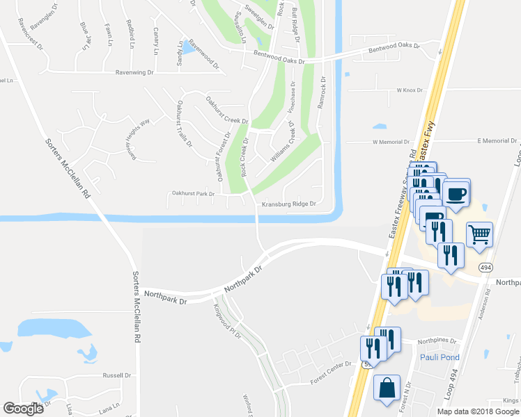 map of restaurants, bars, coffee shops, grocery stores, and more near 20902 Kransburg Ridge Drive in Porter