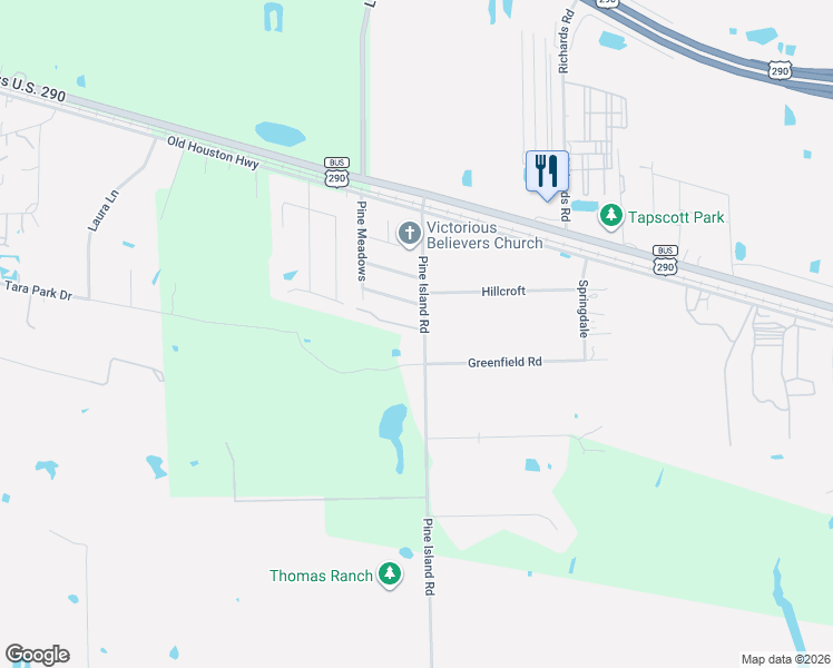 map of restaurants, bars, coffee shops, grocery stores, and more near 20919 Pine Island Road in Prairie View