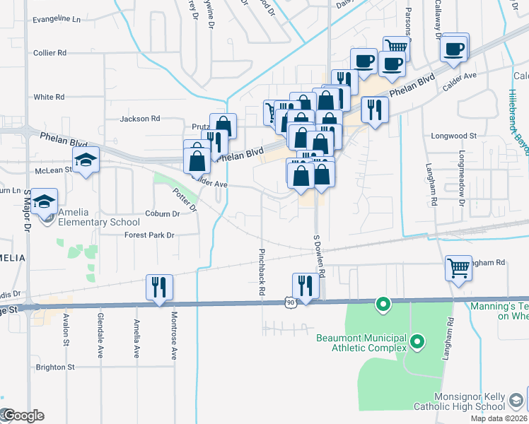 map of restaurants, bars, coffee shops, grocery stores, and more near 410 Pinchback Road in Beaumont