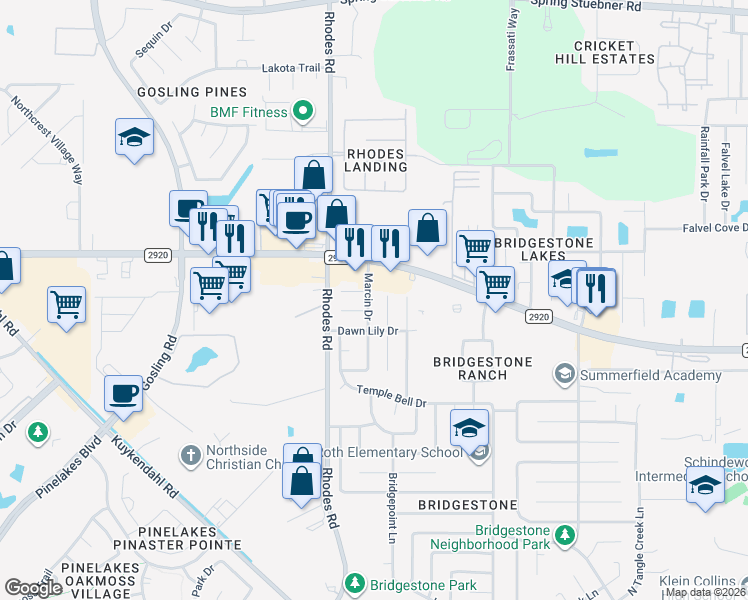 map of restaurants, bars, coffee shops, grocery stores, and more near 21011 Moor Lily Court in Spring