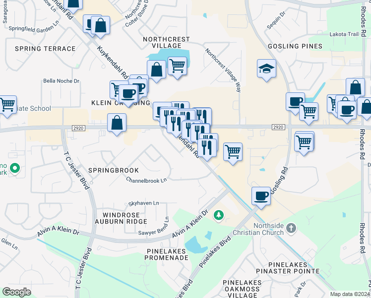 map of restaurants, bars, coffee shops, grocery stores, and more near 21009 Kuykendahl Road in Spring