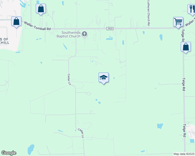map of restaurants, bars, coffee shops, grocery stores, and more near 21028 Cedar Lane in Tomball