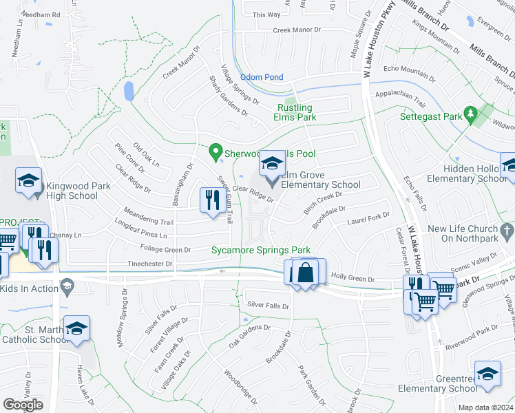 map of restaurants, bars, coffee shops, grocery stores, and more near 2911 Sycamore Springs Drive in Humble
