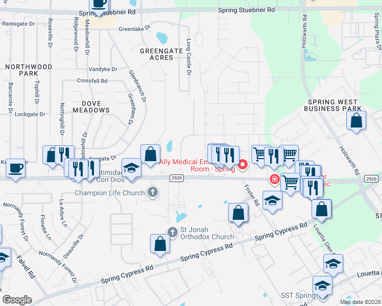 map of restaurants, bars, coffee shops, grocery stores, and more near 21315 Pepperberry Trail in Spring