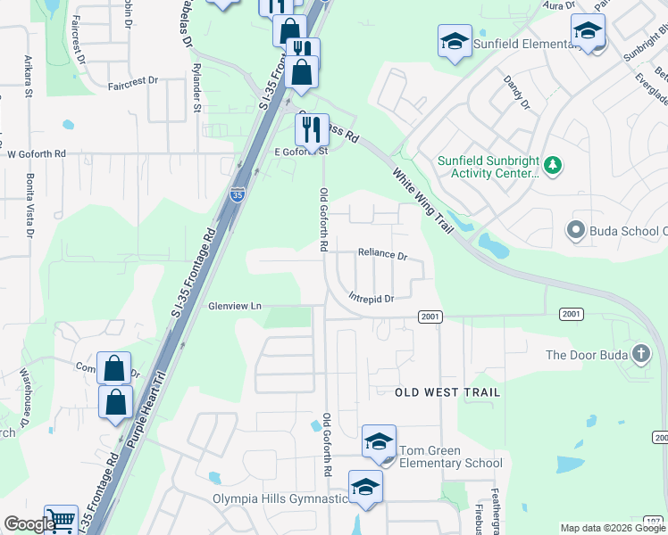 map of restaurants, bars, coffee shops, grocery stores, and more near 2080 Intrepid Drive in Buda