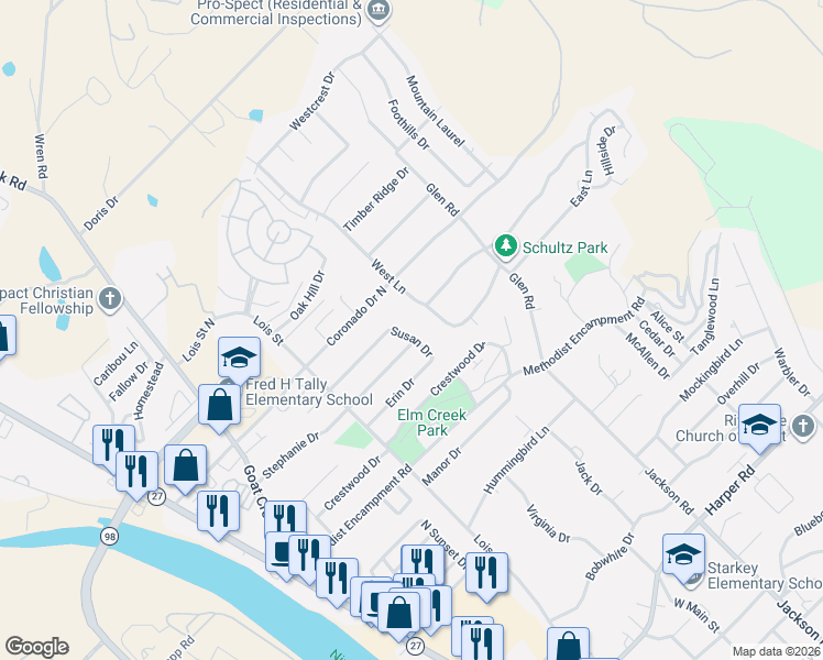 map of restaurants, bars, coffee shops, grocery stores, and more near 1606 Susan Drive in Kerrville