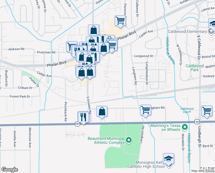 map of restaurants, bars, coffee shops, grocery stores, and more near 350 Junker Road in Beaumont
