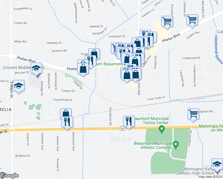 map of restaurants, bars, coffee shops, grocery stores, and more near 410 Pinchback Road in Beaumont