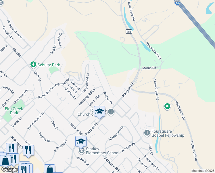map of restaurants, bars, coffee shops, grocery stores, and more near 1206 Warbler Drive in Kerrville
