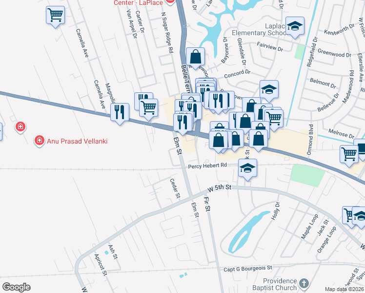 map of restaurants, bars, coffee shops, grocery stores, and more near 1 Elm Street in LaPlace