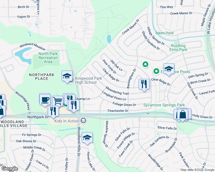 map of restaurants, bars, coffee shops, grocery stores, and more near 2515 Meandering Trail in Humble