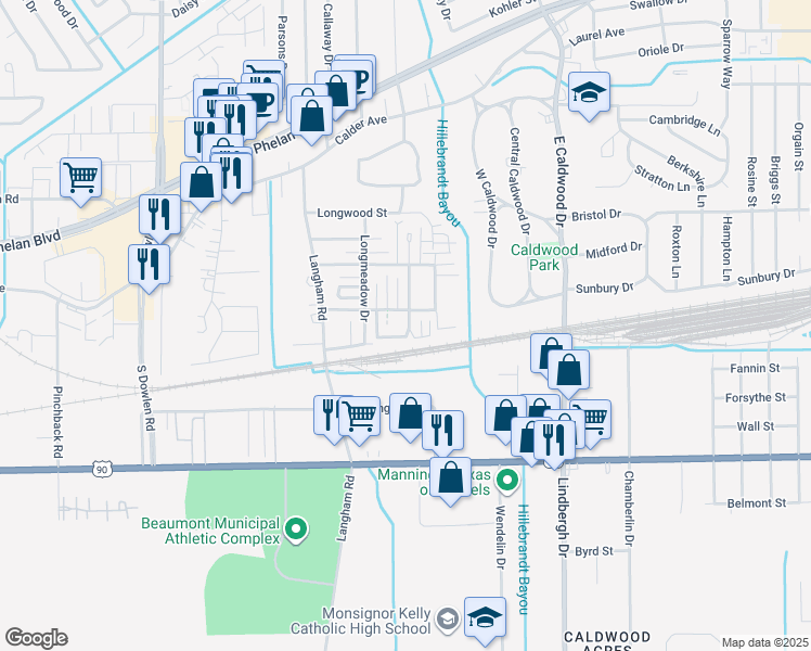 map of restaurants, bars, coffee shops, grocery stores, and more near 568 Georgetown Street in Beaumont