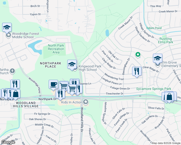map of restaurants, bars, coffee shops, grocery stores, and more near 2319 Shadbury Court in Humble