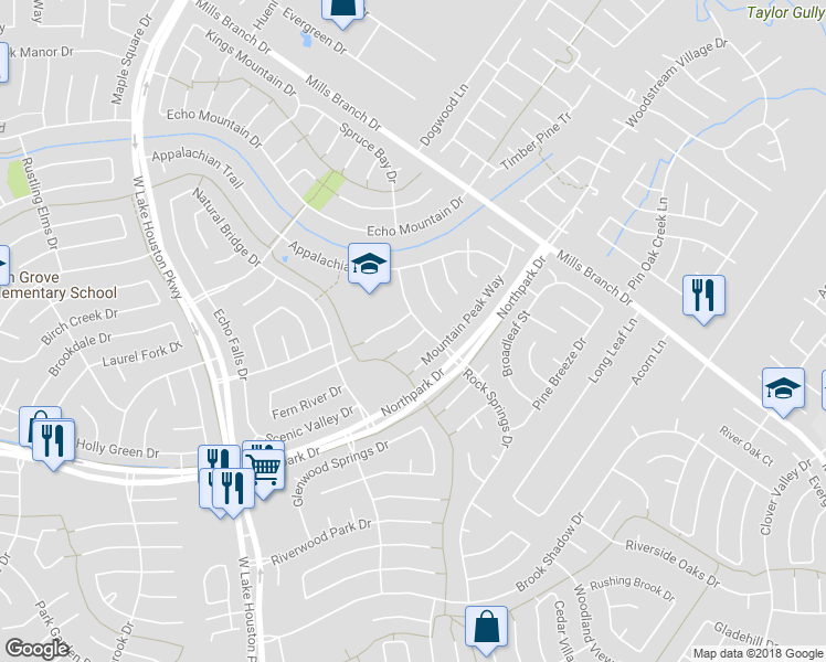 map of restaurants, bars, coffee shops, grocery stores, and more near 4135 Still Glade Lane in Humble