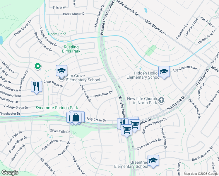 map of restaurants, bars, coffee shops, grocery stores, and more near 3307 Laurel Fork Drive in Humble