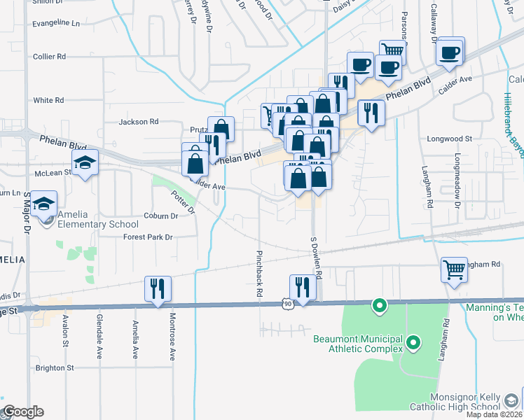 map of restaurants, bars, coffee shops, grocery stores, and more near 410 Pinchback Road in Beaumont