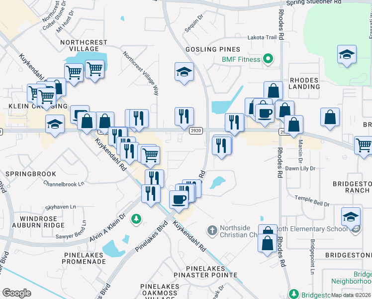 map of restaurants, bars, coffee shops, grocery stores, and more near 21155 Gosling Road in Spring