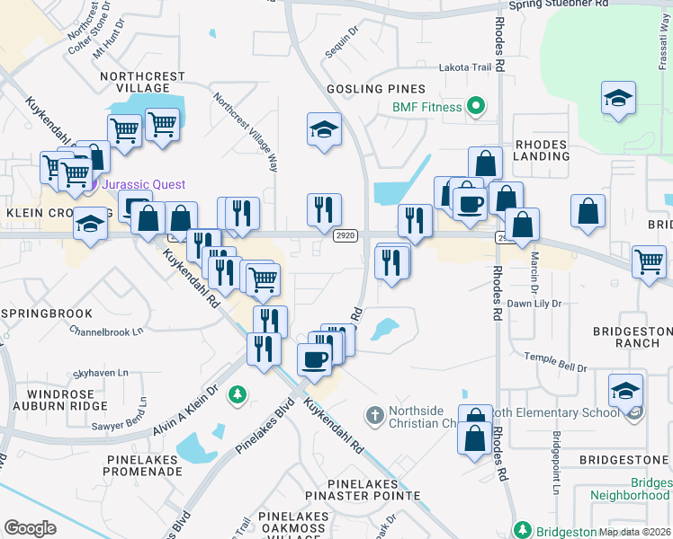 map of restaurants, bars, coffee shops, grocery stores, and more near 5425 Fm 2920 Road in Spring