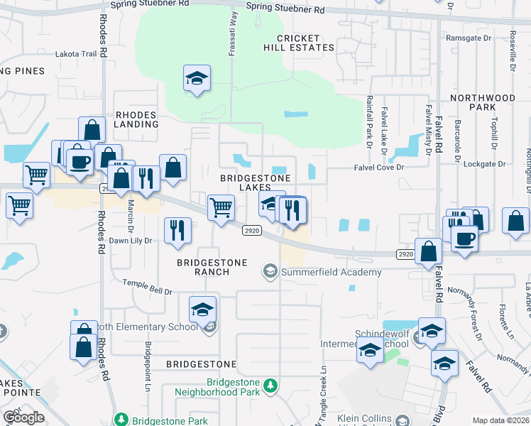 map of restaurants, bars, coffee shops, grocery stores, and more near 22006 Bridgestone Pine Court in Spring