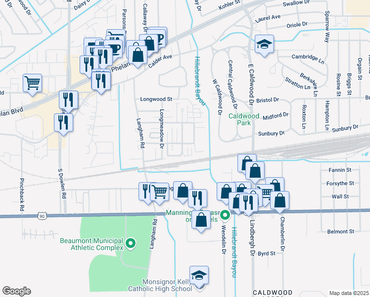 map of restaurants, bars, coffee shops, grocery stores, and more near 549 Georgetown Street in Beaumont