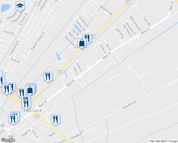 map of restaurants, bars, coffee shops, grocery stores, and more near 2404 Oriole Loop in LaPlace
