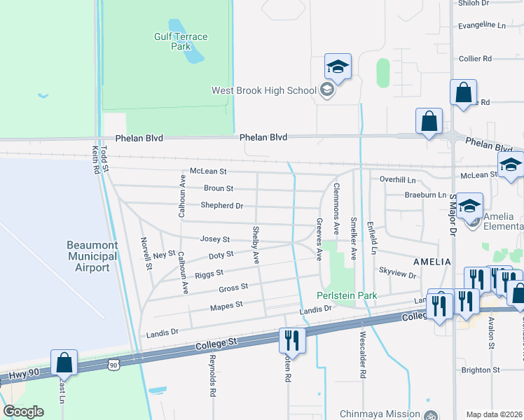 map of restaurants, bars, coffee shops, grocery stores, and more near 9250 Gardner Street in Beaumont