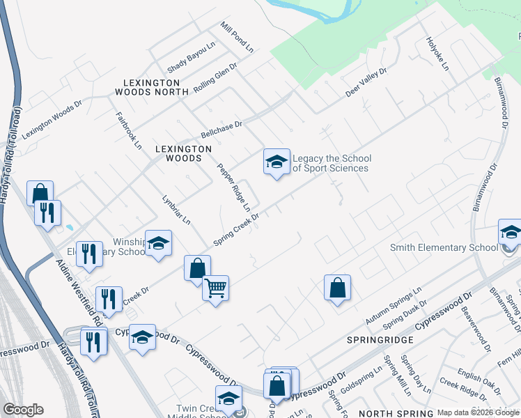 map of restaurants, bars, coffee shops, grocery stores, and more near 2670 Spring Creek Drive in Spring