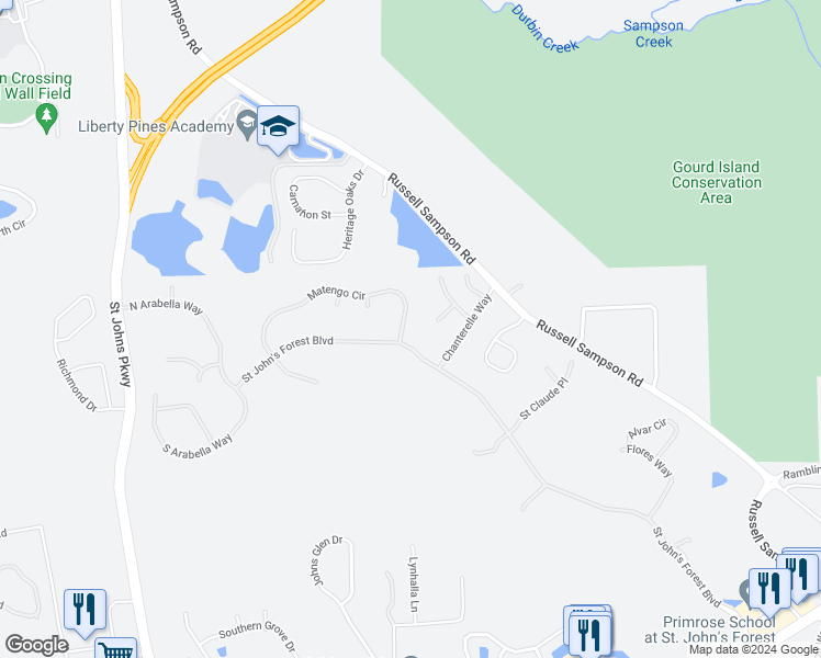 map of restaurants, bars, coffee shops, grocery stores, and more near 1204 Matengo Circle in Saint Johns
