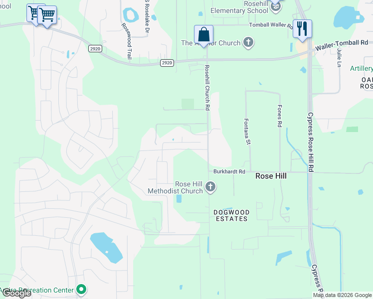 map of restaurants, bars, coffee shops, grocery stores, and more near 21303 Rosehill Church Road in Tomball