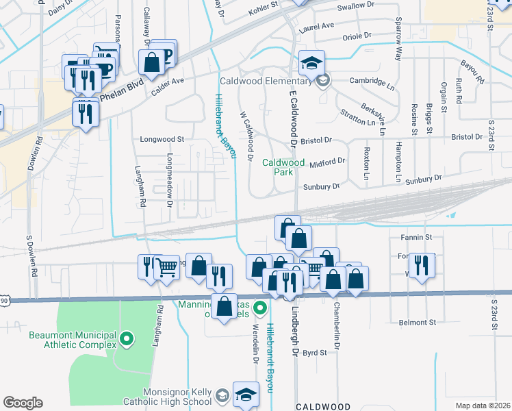 map of restaurants, bars, coffee shops, grocery stores, and more near 325 West Caldwood Drive in Beaumont