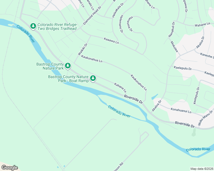 map of restaurants, bars, coffee shops, grocery stores, and more near 452 Riverside Drive in Bastrop