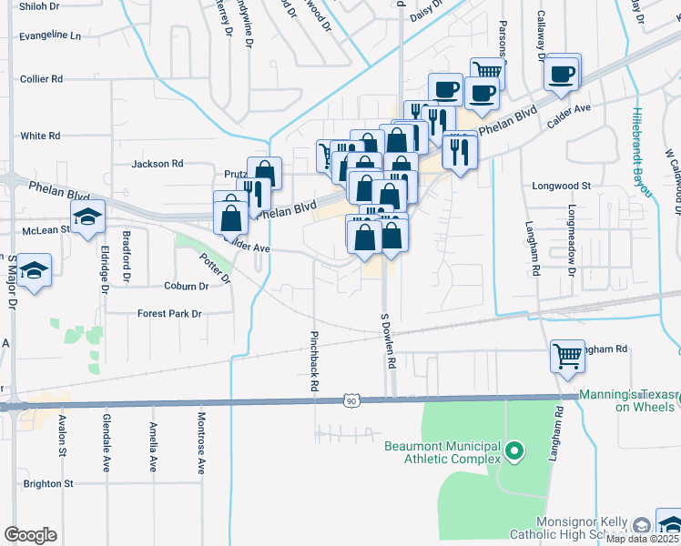 map of restaurants, bars, coffee shops, grocery stores, and more near 6933 Calder Avenue in Beaumont