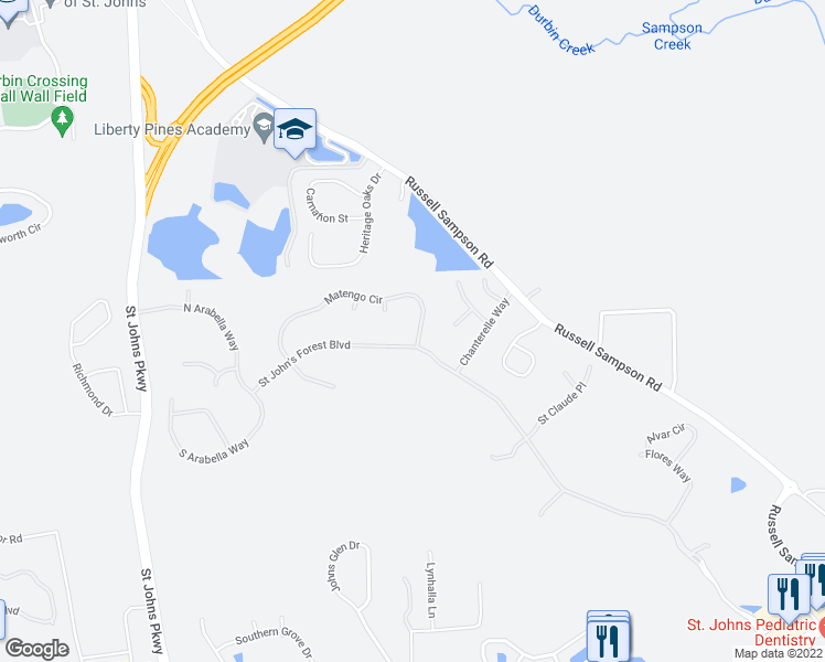 map of restaurants, bars, coffee shops, grocery stores, and more near 104 Campbell Court in Saint Johns