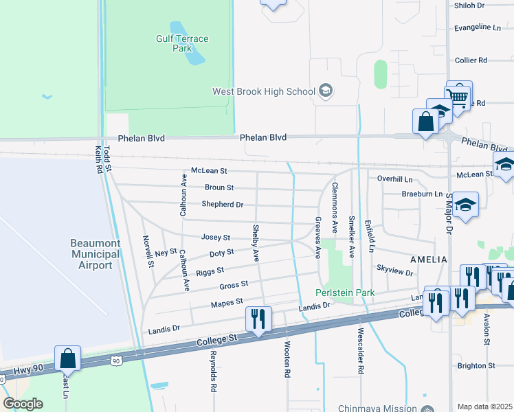 map of restaurants, bars, coffee shops, grocery stores, and more near 9298 Shepherd Drive in Beaumont
