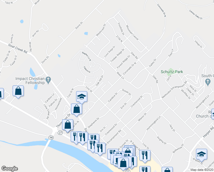 map of restaurants, bars, coffee shops, grocery stores, and more near 225 Coronado Circle in Kerrville