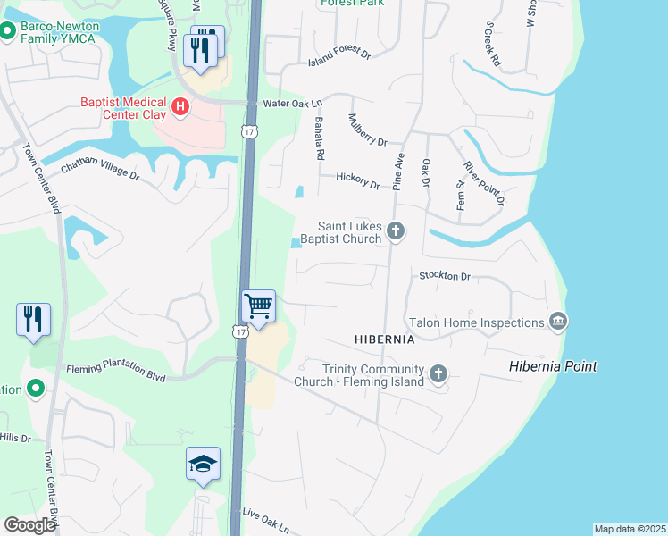 map of restaurants, bars, coffee shops, grocery stores, and more near 611 Hibernia Oaks Drive in Fleming Island