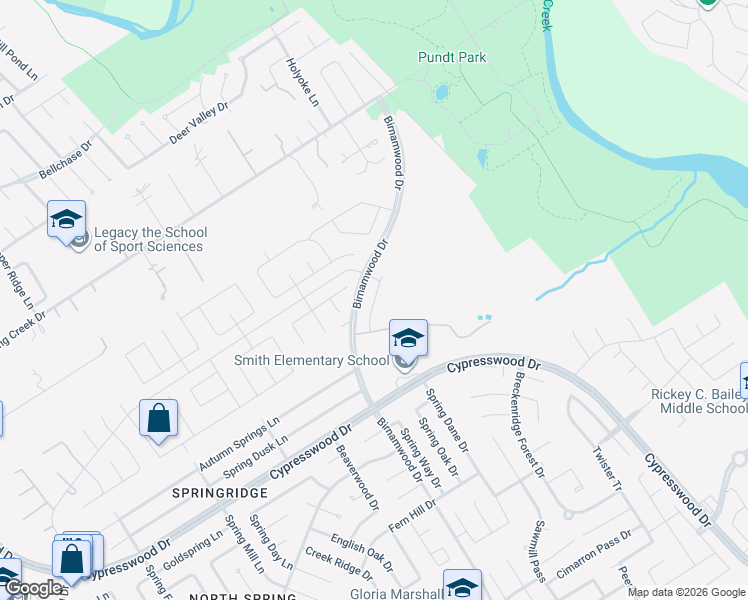 map of restaurants, bars, coffee shops, grocery stores, and more near 25099 Birnamwood Boulevard in Spring