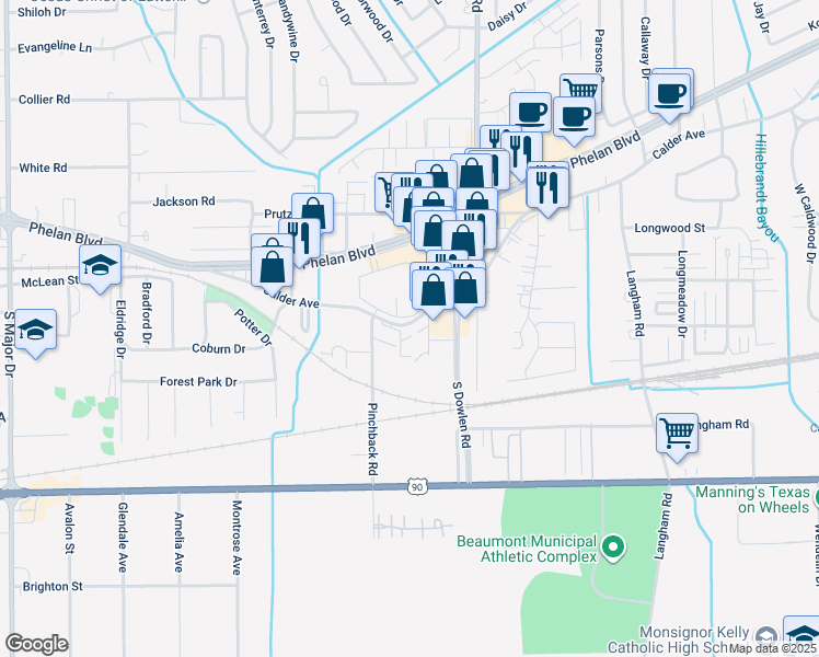 map of restaurants, bars, coffee shops, grocery stores, and more near 6933 Calder Avenue in Beaumont