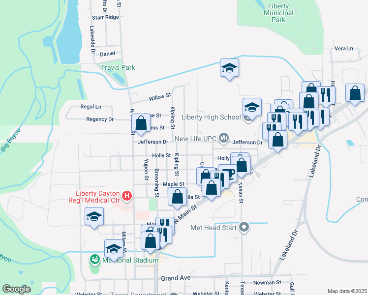 map of restaurants, bars, coffee shops, grocery stores, and more near 2207 Jefferson Drive in Liberty