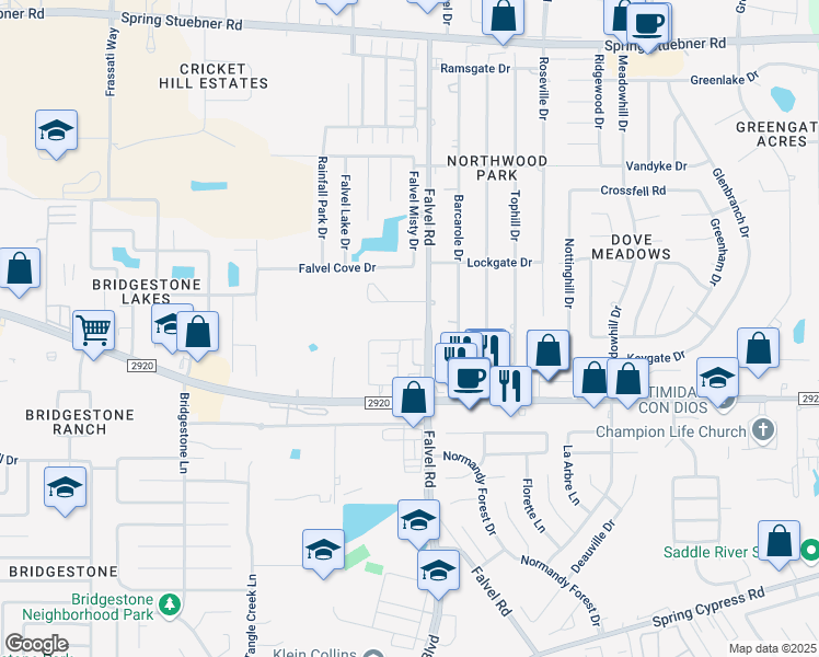 map of restaurants, bars, coffee shops, grocery stores, and more near 21411 Falvel Road in Spring