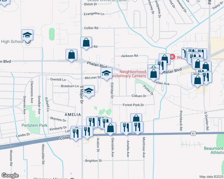 map of restaurants, bars, coffee shops, grocery stores, and more near 350 Eldridge Drive in Beaumont