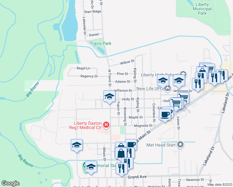 map of restaurants, bars, coffee shops, grocery stores, and more near 1813 Jefferson Drive in Liberty