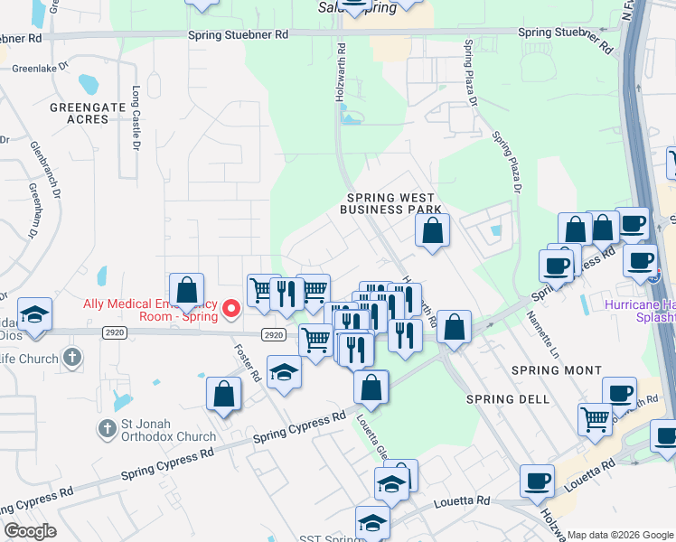 map of restaurants, bars, coffee shops, grocery stores, and more near 2123 Hannover Way in Spring