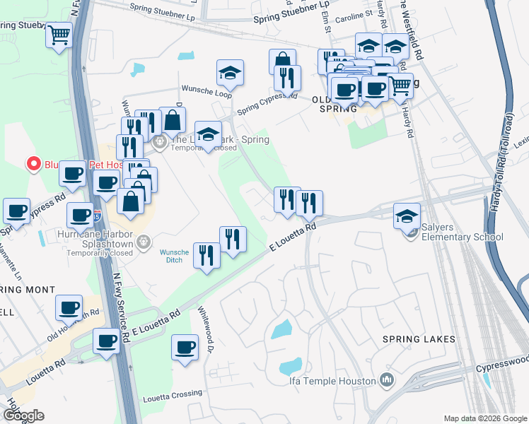 map of restaurants, bars, coffee shops, grocery stores, and more near 26127 Lillian Springs in Spring