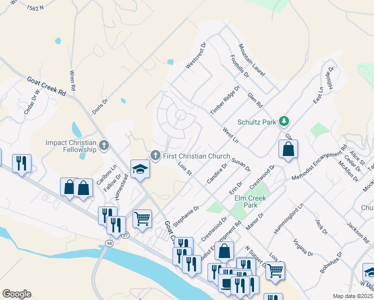 map of restaurants, bars, coffee shops, grocery stores, and more near 1808 Chateau in Kerrville